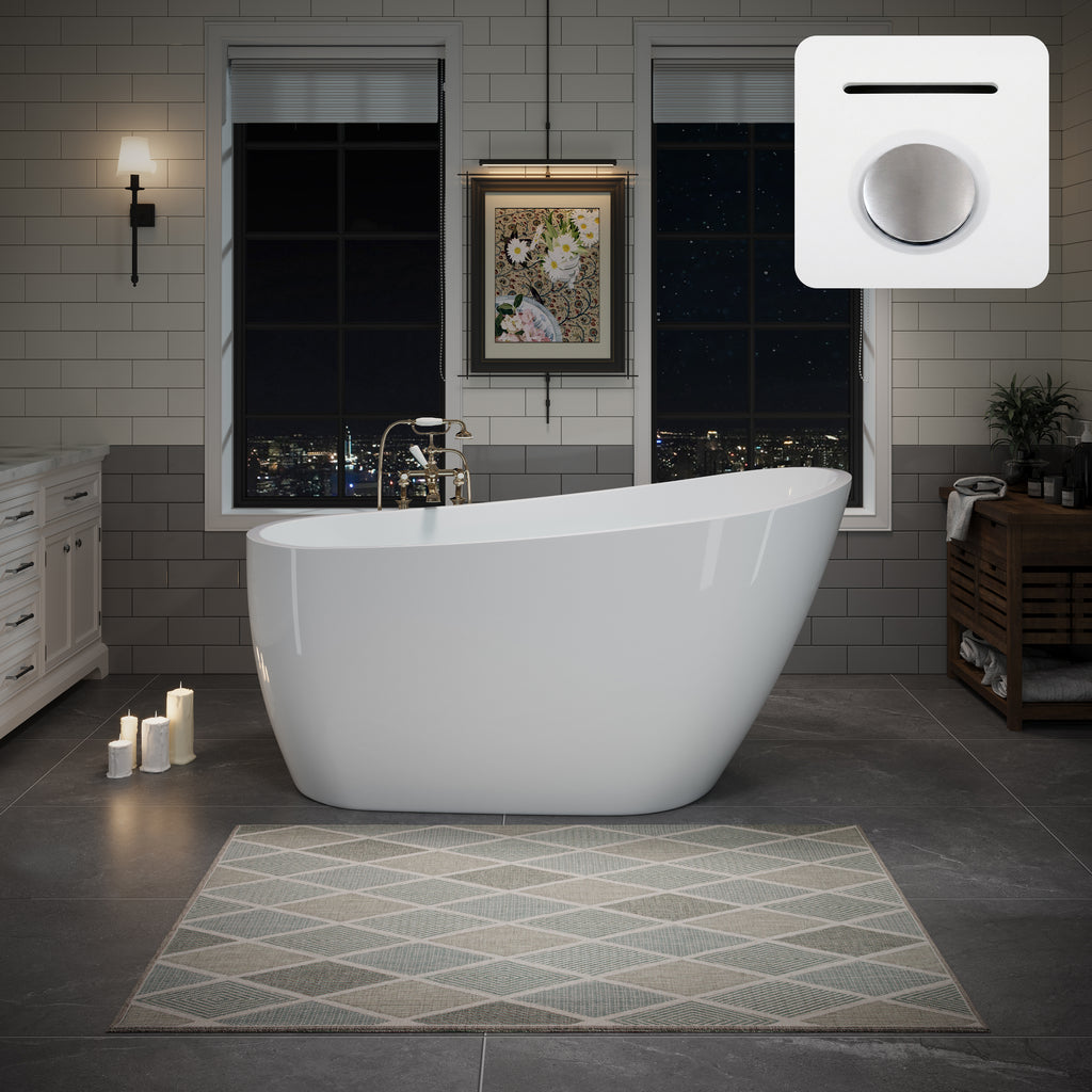 55" Acrylic Freestanding Bathtub, Deep Soaking Contemporary Stand Alone Bath Tub with Pop-up Drain & Integrated Overflow, Chrome-Finish Drain Cover, Glossy White GF-26A04-55