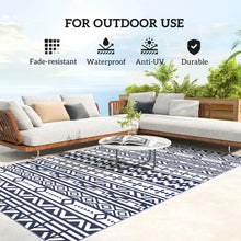Load image into Gallery viewer, Outsunny Outdoor Patio Rug, Large Camping Carpet with Carrying Bag, 6' x 9' Waterproof Plastic Straw, Reversible, Blue &amp; White Geometric