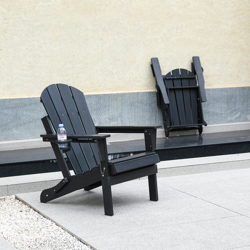 HDPE Folding Adirondack Chair with Dual Cup Holder - Composite Adirondack Chair with Wood Texture- Black