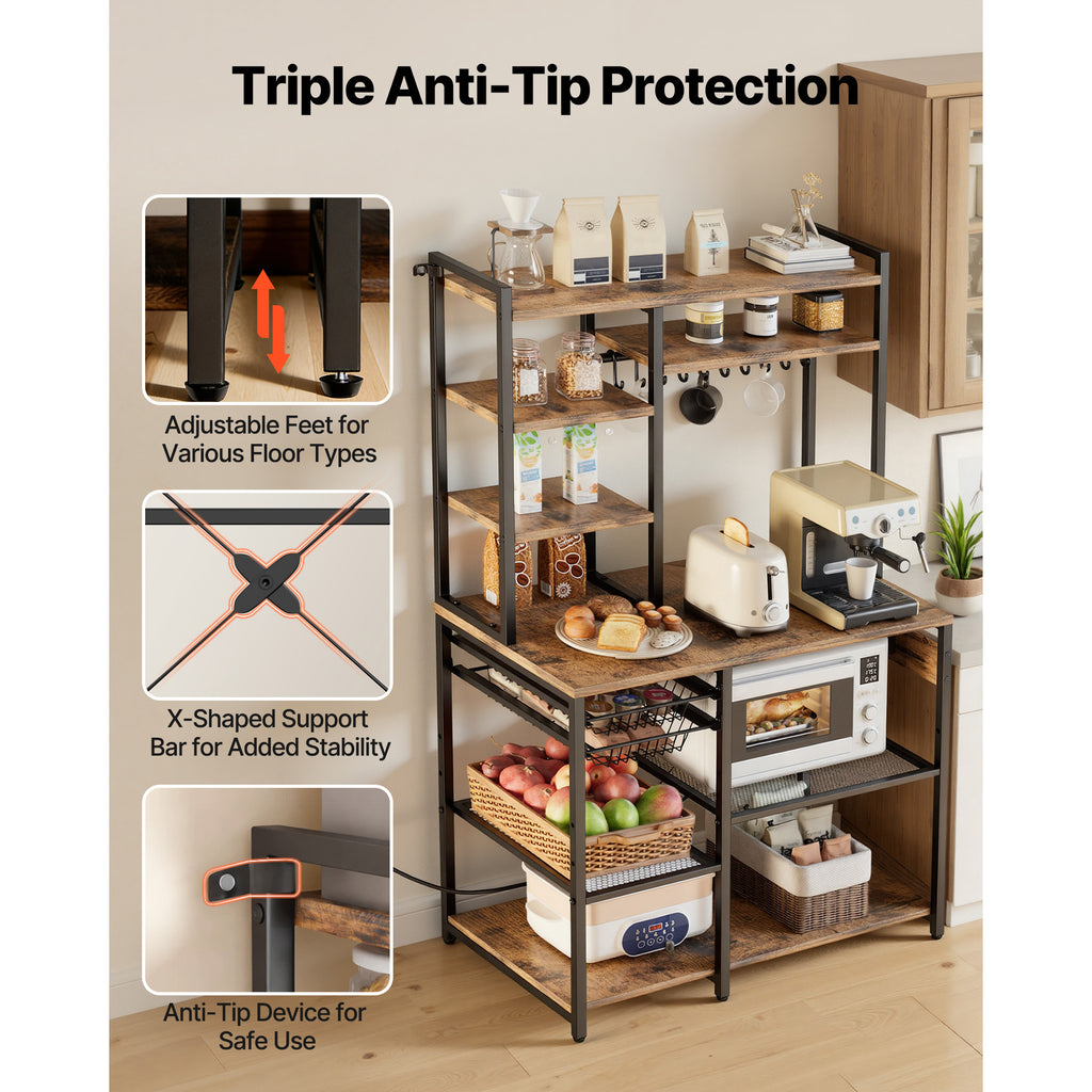 Kitchen Bakers Rack, 5 ft Power Cable Bakers Rack with Power Outlet, Kitchen Stand with X-Shaped Support Bar, 10 S-Shaped Hooks, Coffee Bar Stand for Dishes, Spice Bottles, Built-In Power Strip