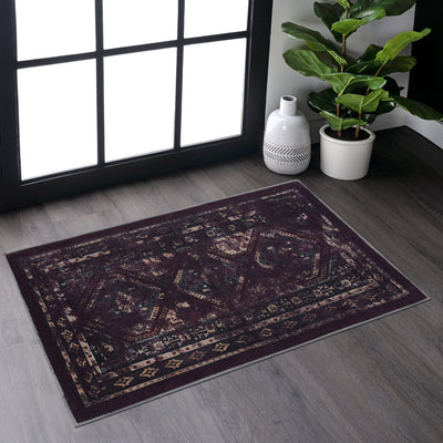MAVAL Black Washable Rug 2' x 3' Doormat Rug (Black+Burgundy, 2' x 3') Modern, Contemporary, Non-Shedding & Easy to Clean, Ideal for Living Room, Bedroom, Dining Space, 36*24 inch