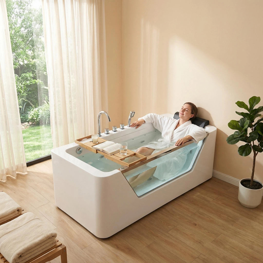 67" Whirlpool Bathtub ,Hydrotherapy Jetted Bathtub with Glass Panel, 7 Jets,3-Side Apron,89 Gallons,White