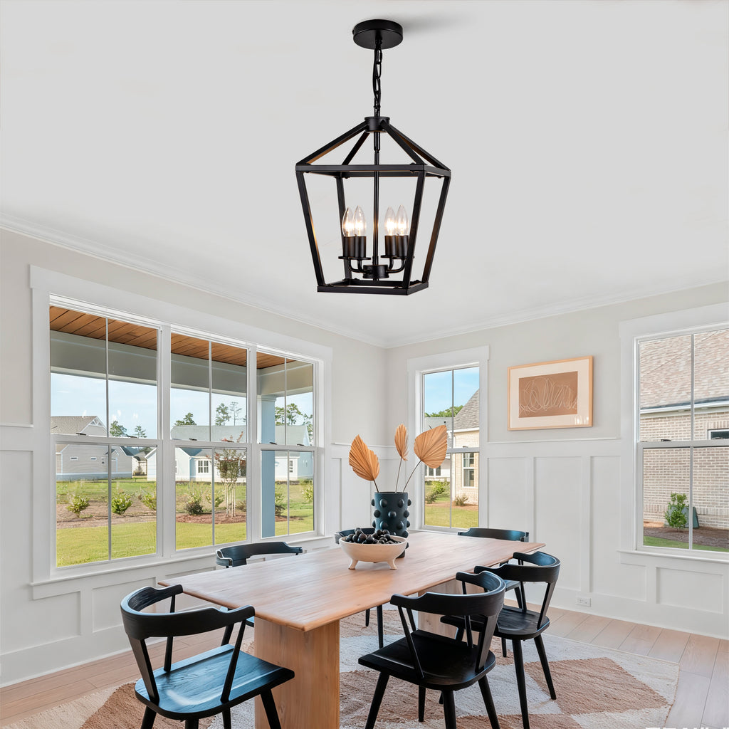 Farmhouse Lantern Chandelier 3-Light, Industrial Black Ceiling Light Fixture with Rustic Open Cage and Adjustable Hanging Height, E12 Base for Kitchen Island, Dining Room, Entryway, Foyer
