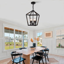 Load image into Gallery viewer, Farmhouse Lantern Chandelier 3-Light, Industrial Black Ceiling Light Fixture with Rustic Open Cage and Adjustable Hanging Height, E12 Base for Kitchen Island, Dining Room, Entryway, Foyer