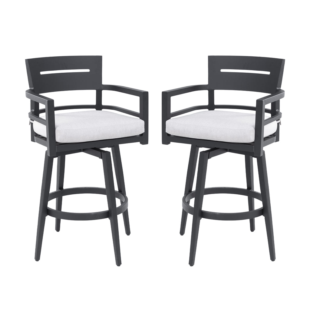 Modern Outdoor 2-Piece Swivel Bar Chairs – Aluminum Frame with Ember Black, 360° Swivel, Ergonomic Backrest & Armrests, Tapered Legs, Sunbrella Cushion, Weather-Resistant & Durable Patio Bar Stool