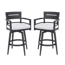 Load image into Gallery viewer, Modern Outdoor 2-Piece Swivel Bar Chairs – Aluminum Frame with Ember Black, 360° Swivel, Ergonomic Backrest &amp; Armrests, Tapered Legs, Sunbrella Cushion, Weather-Resistant &amp; Durable Patio Bar Stool