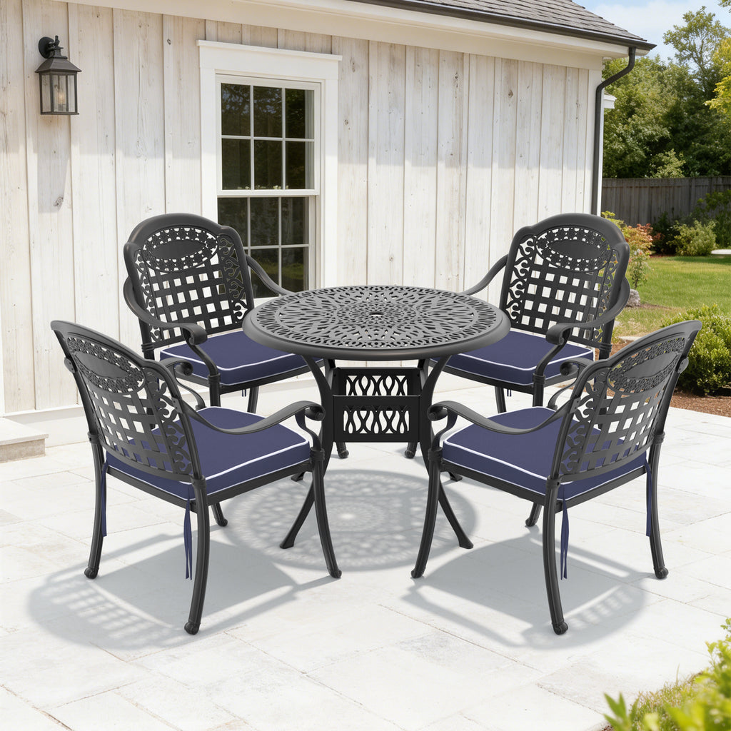 Ø35.43-inch Cast Aluminum Patio Dining Table With Black Frame and Umbrella Hole (same sku: W171084475,W1710P497717)