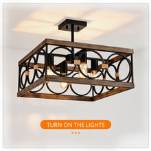 Load image into Gallery viewer, 4-Light Square Kitchen Island Lights Ceiling Light Farmhouse Dining Room Light Fixture, Wood and Black Metal Rectangular Ceiling Light, Ceiling Lighting for Living Room,Conference Room, Home Office