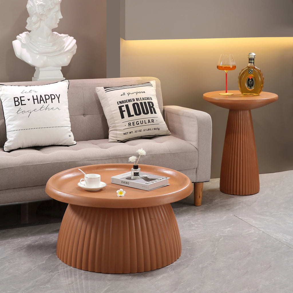 Light Coffee Magnesium Oxide Fluted Base Side Table, 17.72" Diameter Round Accent Table