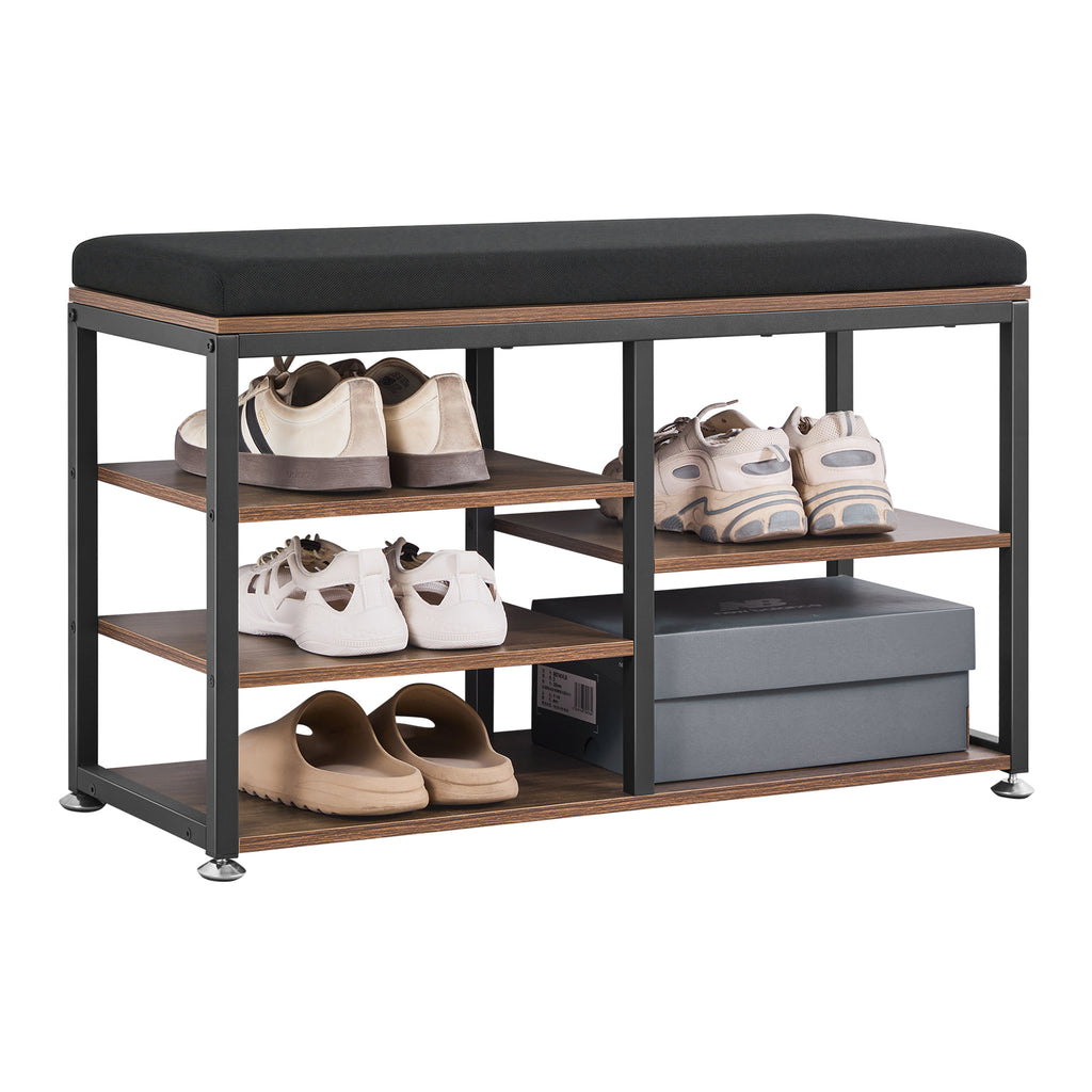Coat Rack with Shoe Bench, 3-in-1 Shoe Coat Rack Combo Set with Hooks and Bookshelf, Steel Frame Hall Tree Entrance Storage Organizer Holder for Entry, Bedroom, Closet, Office, Rustic Brown