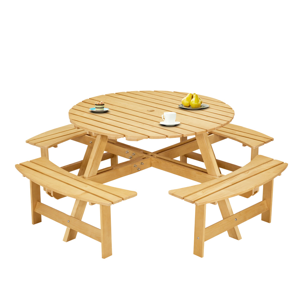 8-Person Outdoor Round Picnic Table Set with 4 Built-in Benches & Umbrella Hole - Perfect for Garden, Backyard, Porch & Patio - Natural Wood