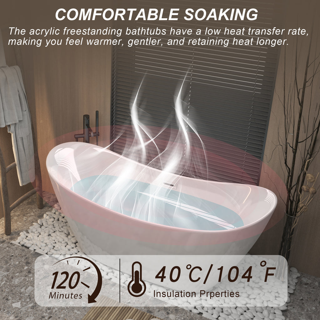 59 "Acrylic freestanding tub, Gloss white,  with chrome overflow and pop-up Drain, CUPC Certified