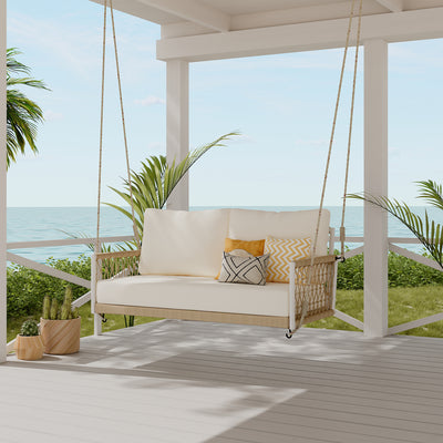 TREXM 1-Piece Woven Rope Outdoor Swing Sofa with Soft Cushions Seating 2 for Patio, Courtyard and Balcony (Beige)