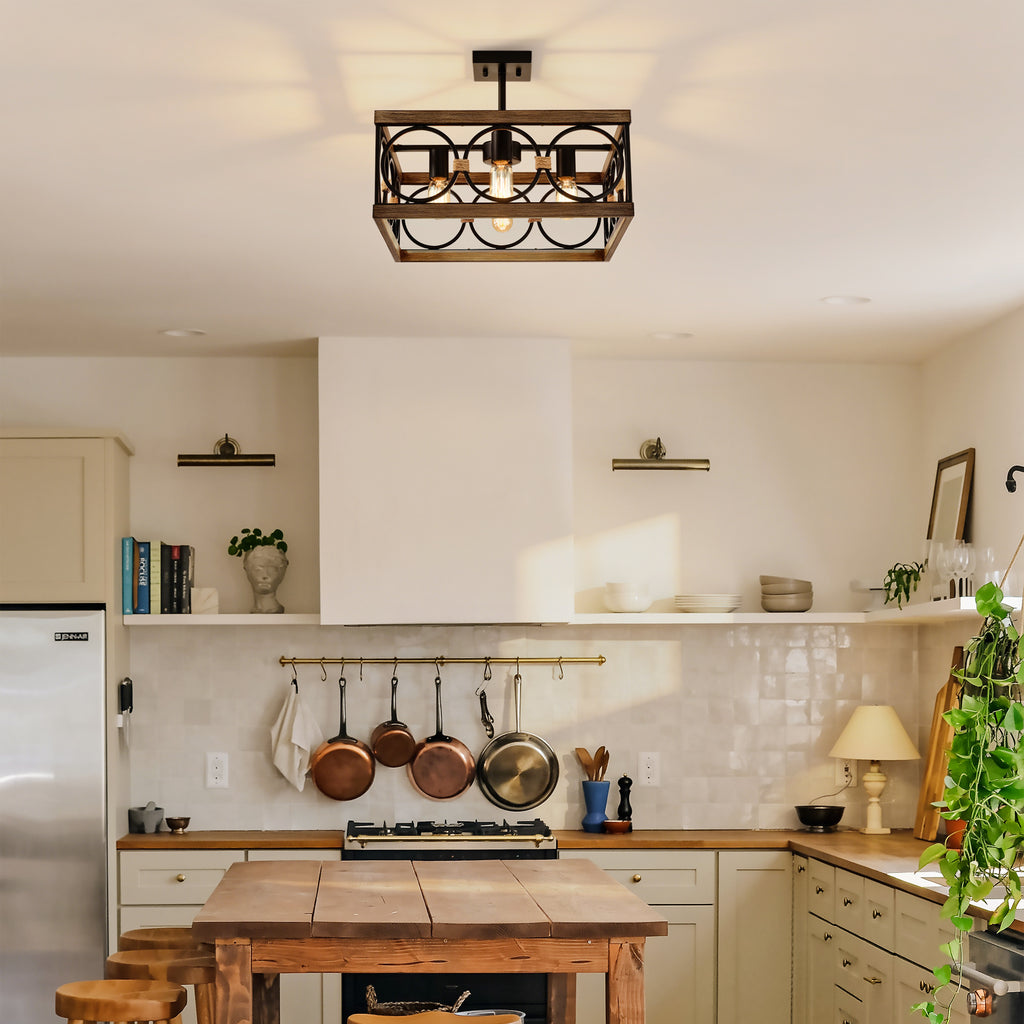 4-Light Square Kitchen Island Lights Ceiling Light Farmhouse Dining Room Light Fixture, Wood and Black Metal Rectangular Ceiling Light, Ceiling Lighting for Living Room,Conference Room, Home Office