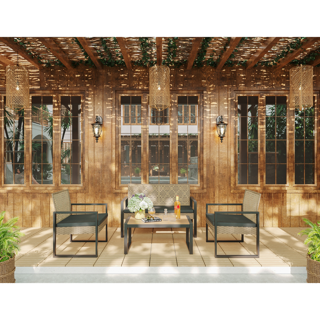 4-Piece Patio Furniture Set Outdoor Balcony Porch Garden Backyard Lawn Furniture Acacia Wood Table Top, Morden Black and Light Brown