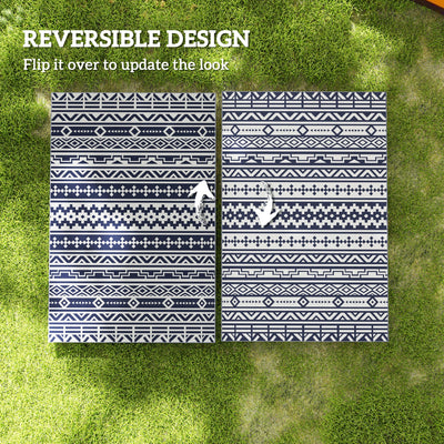 Outsunny Outdoor Patio Rug, Large Camping Carpet with Carrying Bag, 6' x 9' Waterproof Plastic Straw, Reversible, Blue & White Geometric