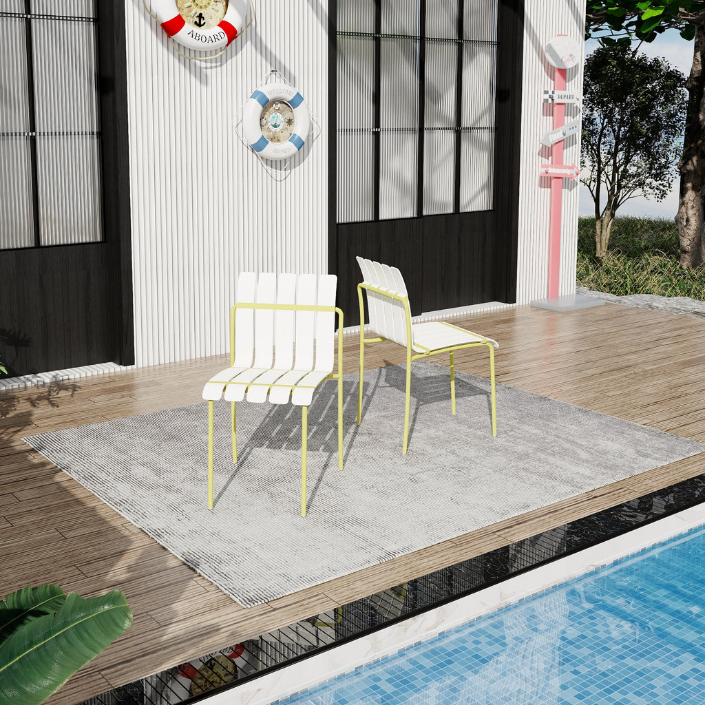 Summer - 4-Pack Modern Striped Color Block Chairs - Waterproof PP Seat & Sturdy Metal Legs, Indoor/Outdoor Dining Set for Patio, Balcony, Café (White & Yellow)