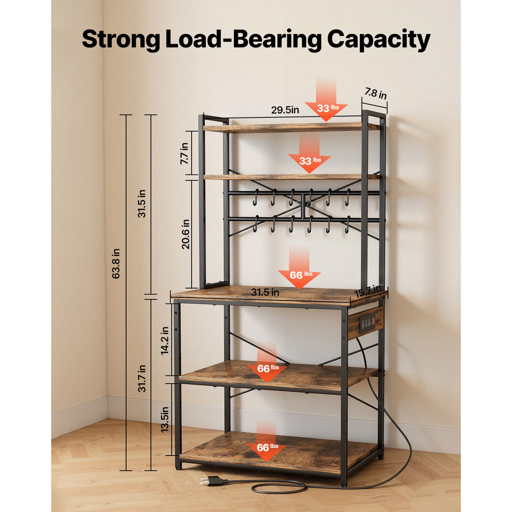 Kitchen Bakers Rack, 5 ft Power Cable Bakers Rack with Power Outlet, Kitchen Stand with X-Shaped Support Bar, 12 S-Shaped Hooks, Coffee Bar Stand for Dishes, Spice Bottles, Built-In Power Strip