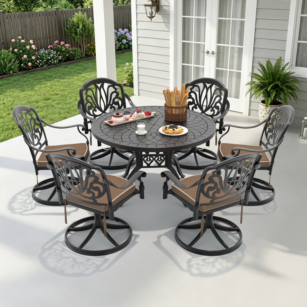 Ø47.24-inch Cast Aluminum Patio Dining Table With Black Frame and Carved Texture on the Tabletop (same sku: W171084479)