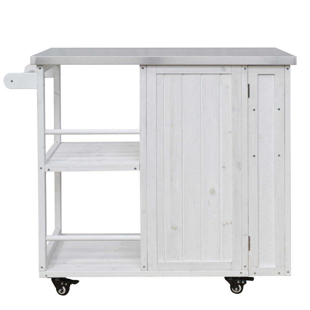 Outdoor Kitchen Island Fir Wood Prep Station Lockable Kitchen Cart with Stainless Top, Ample Storage Space, Towel and Spice Racks for Patio and Outdoor, White