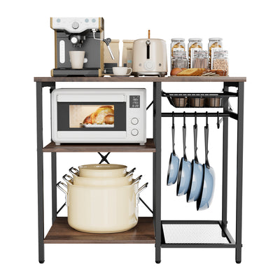 Kitchen Bakers Rack, 35.4 inch Width Bakers Rack, Kitchen Stand with X-Shaped Support Bar, 5 S-Shaped Hooks, Multi-Layer Storage Shelf, Coffee Bar Stand for Dishes & Bowls, Spice Bottles