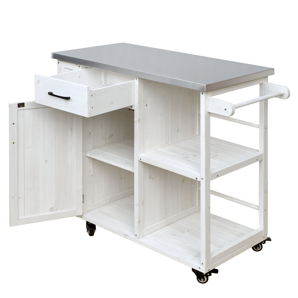 Outdoor Kitchen Island Fir Wood Prep Station Lockable Kitchen Cart with Stainless Top, Ample Storage Space, Towel and Spice Racks for Patio and Outdoor, White