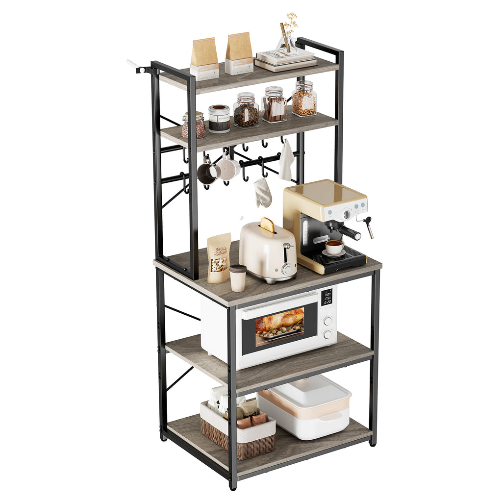 Kitchen Bakers Rack, 23.6 inch Width Bakers Rack, Kitchen Stand with X-Shaped Support Bar, 12 S-Shaped Hooks, Double-Layer Top Shelf, Coffee Bar Stand for Dishes & Bowls, Spice Bottles
