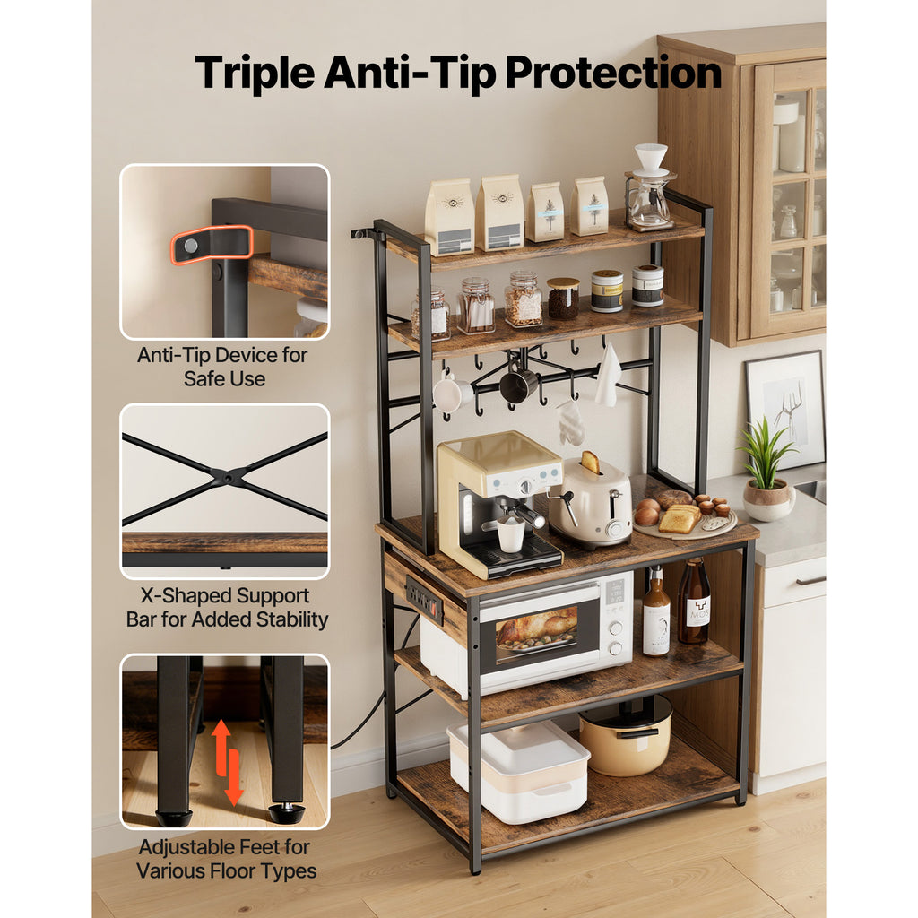 Kitchen Bakers Rack, 5 ft Power Cable Bakers Rack with Power Outlet, Kitchen Stand with X-Shaped Support Bar, 12 S-Shaped Hooks, Coffee Bar Stand for Dishes, Spice Bottles, Built-In Power Strip