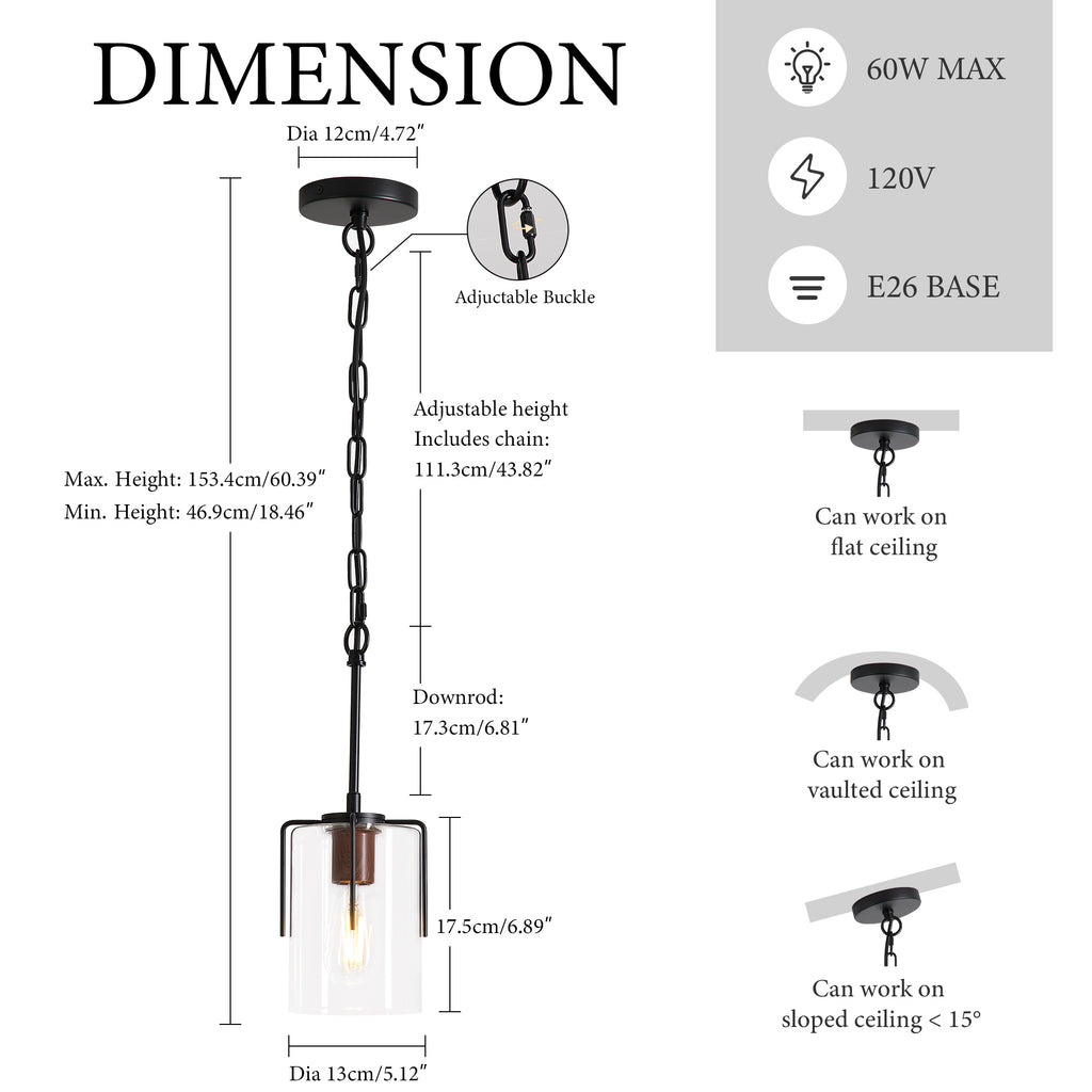 Modern Industrial Pendant Light with Clear Glass Shade, Adjustable Metal Pendant Lighting for Kitchen Island Dining Room Entryway, Easy Clean Glare-Free Home Light Fixture