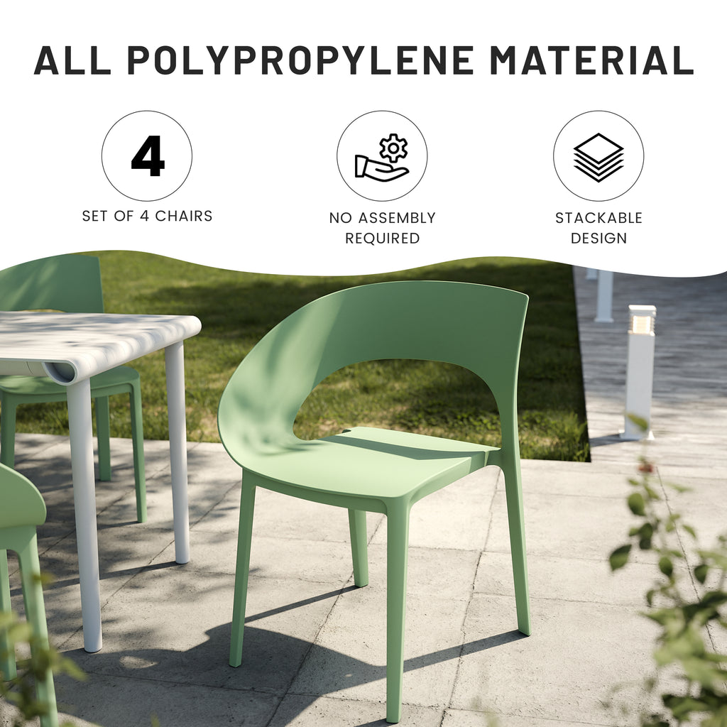 Summer - Haze Green Polypropylene Single-Side Chair - One-Piece Design for Indoor & Outdoor Use,suitable for living rooms, dining rooms, gardens, terraces and other scenarios  (Set of 4)
