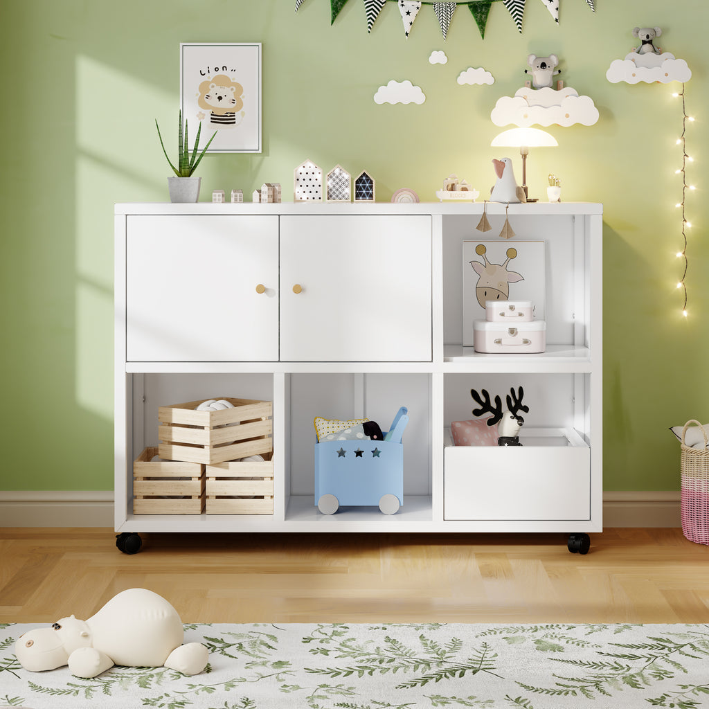 Rolling Toy Storage Cabinet on Wheels - Black Iron Playroom Organizer with Open Cubbies and Closed Cabinets, Sturdy Metal Storage Furniture for Bedroom & Home