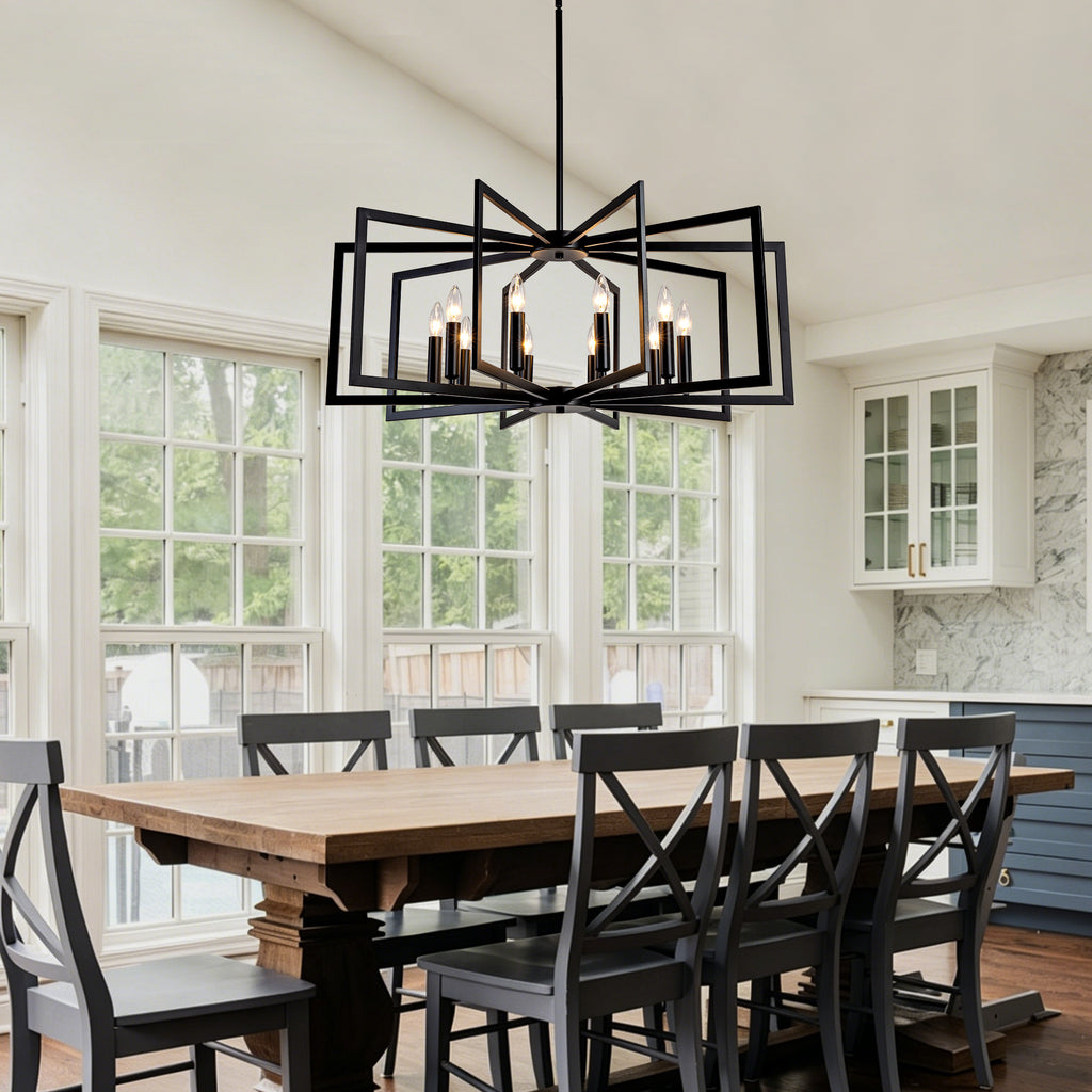 10-Light Metal Lantern Tiered Pendant Hanging Light Fixtures, Industrial Farmhouse Adjustable Height Chandeliers for Dining Room Hallway Foyer Entryway--Matte Black (E26 Bulbs Not Included)