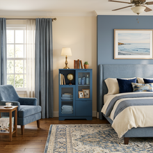 Load image into Gallery viewer, MDF painted Cabinet with Glass Doors and drawer, open storage space, Navy Blue, Bedroom, Living room