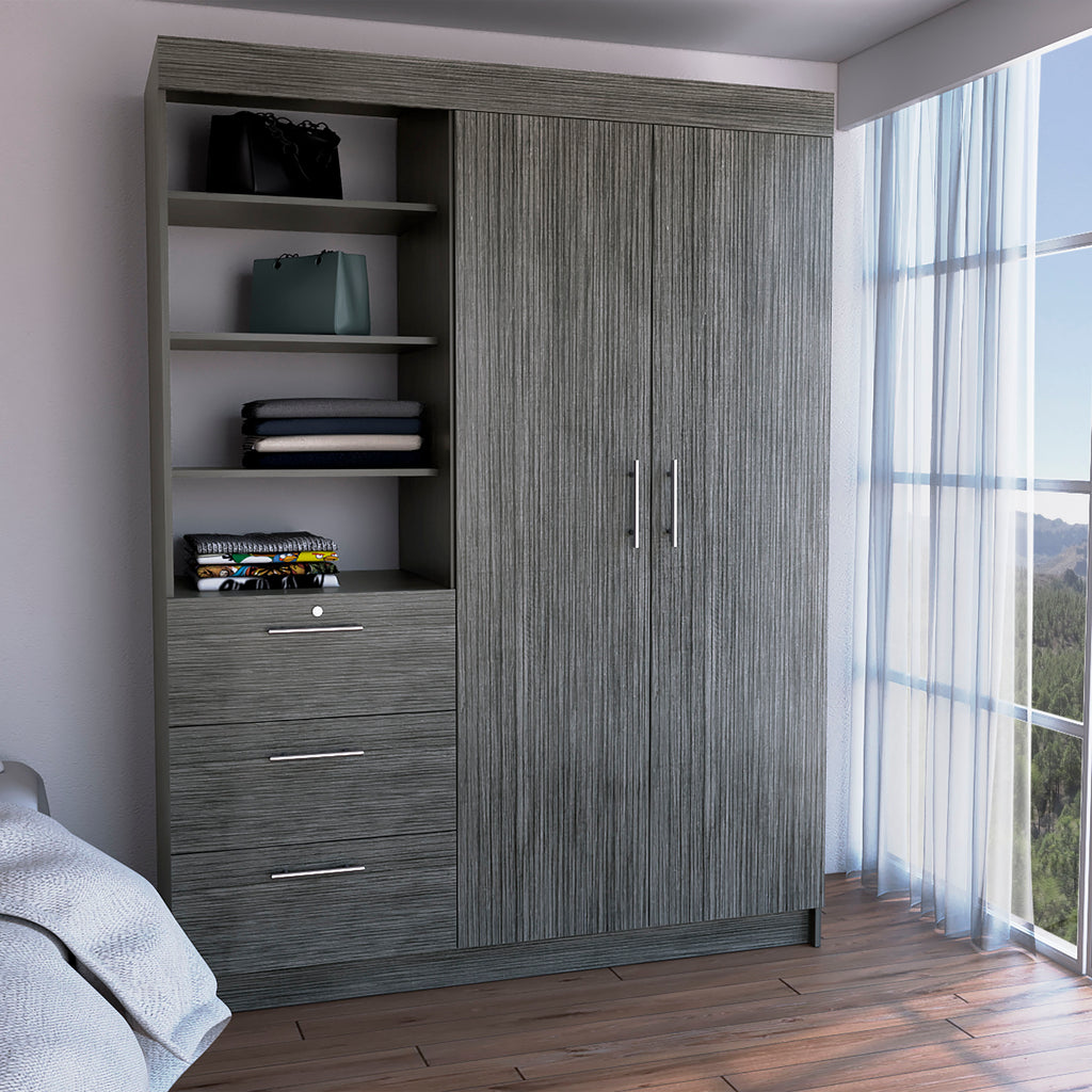 Kenya 3 Drawers Armoire, Double Door, 3-Tier Shelf -Black