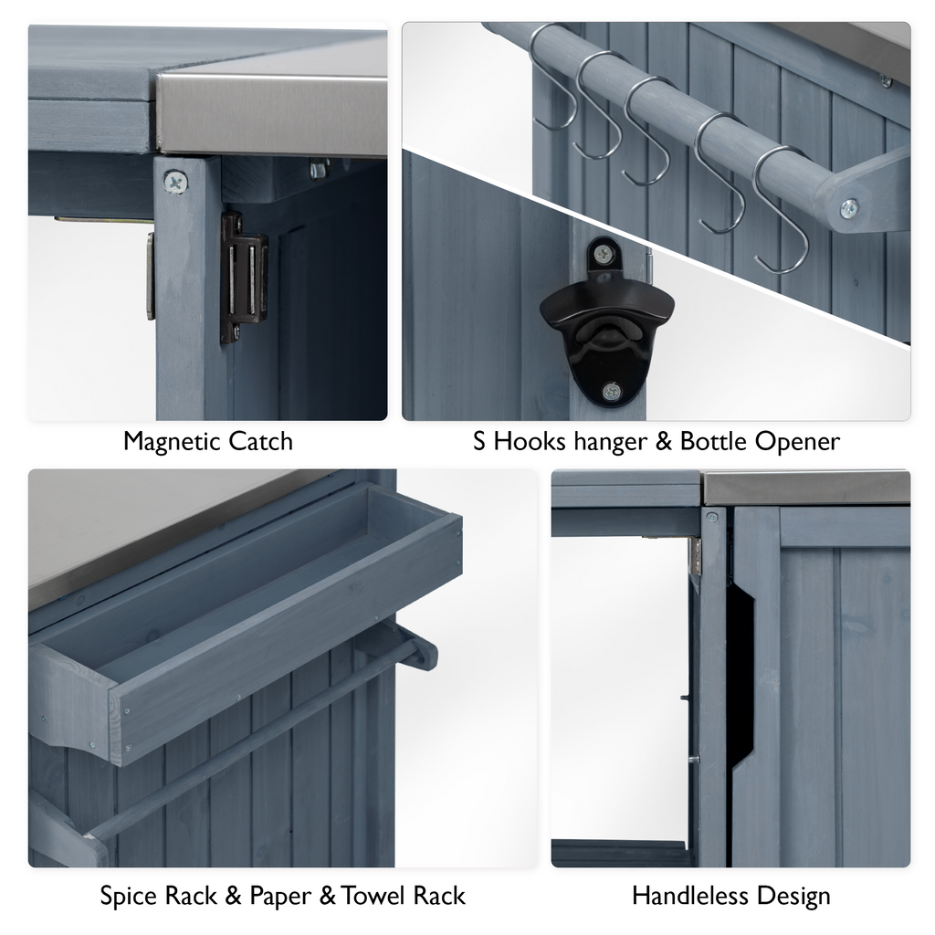 K&K 66.5" Outdoor Kitchen Island for Big Green Egg Grills, Solid Wood Outdoor Grill Cart for Tabletop Grill with Stainless Steel Top, Drawer, Compatible with Large Big Green Egg, Kamado Joe- Grey Blue