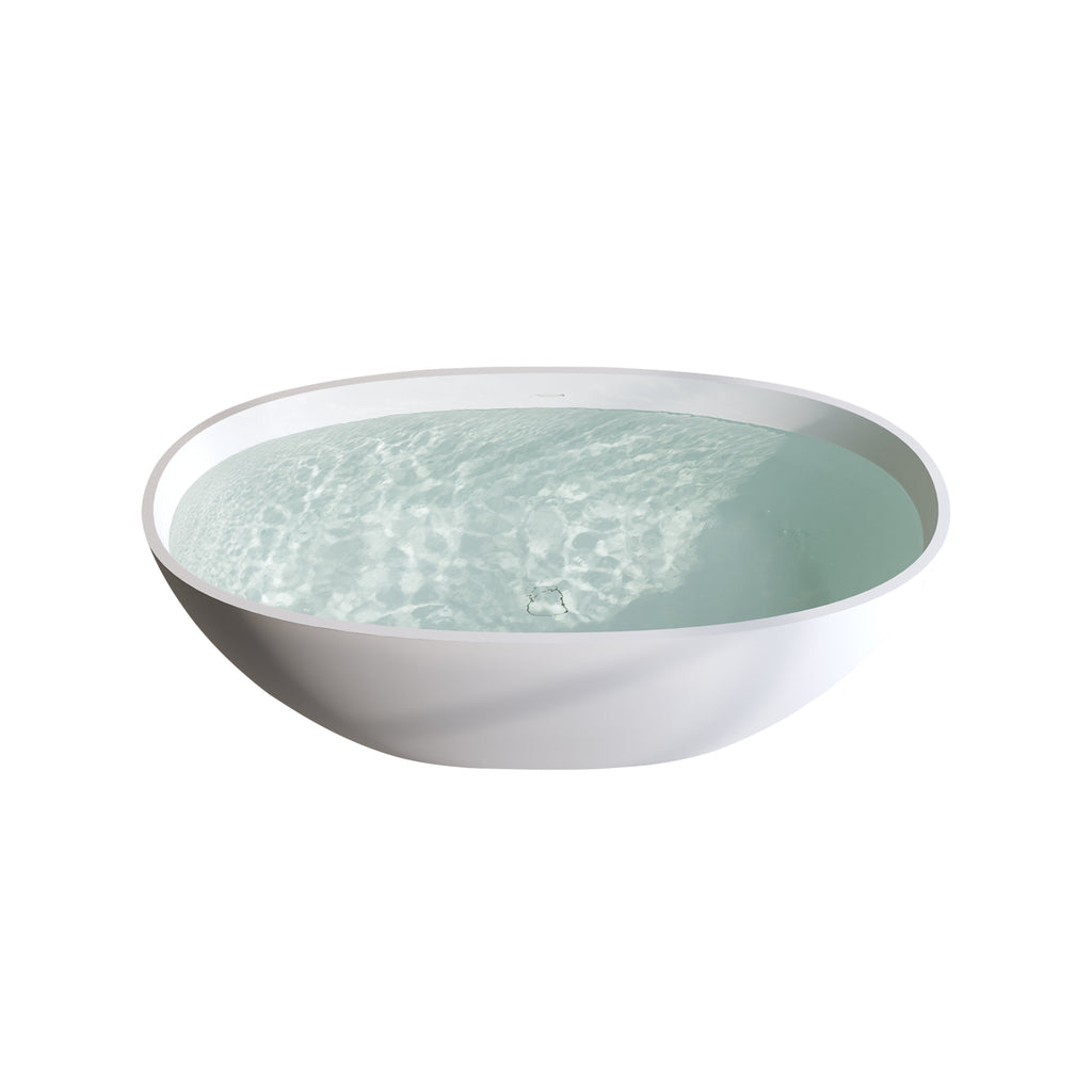70.8″Solid Surface Matte Tub, Solid Surface Soaking Tub, Stone Resin Freestanding Bathtub, Thick Edge Stand Alone Tubs with Overflow, Pop-up Drain, Matte White (Oval)