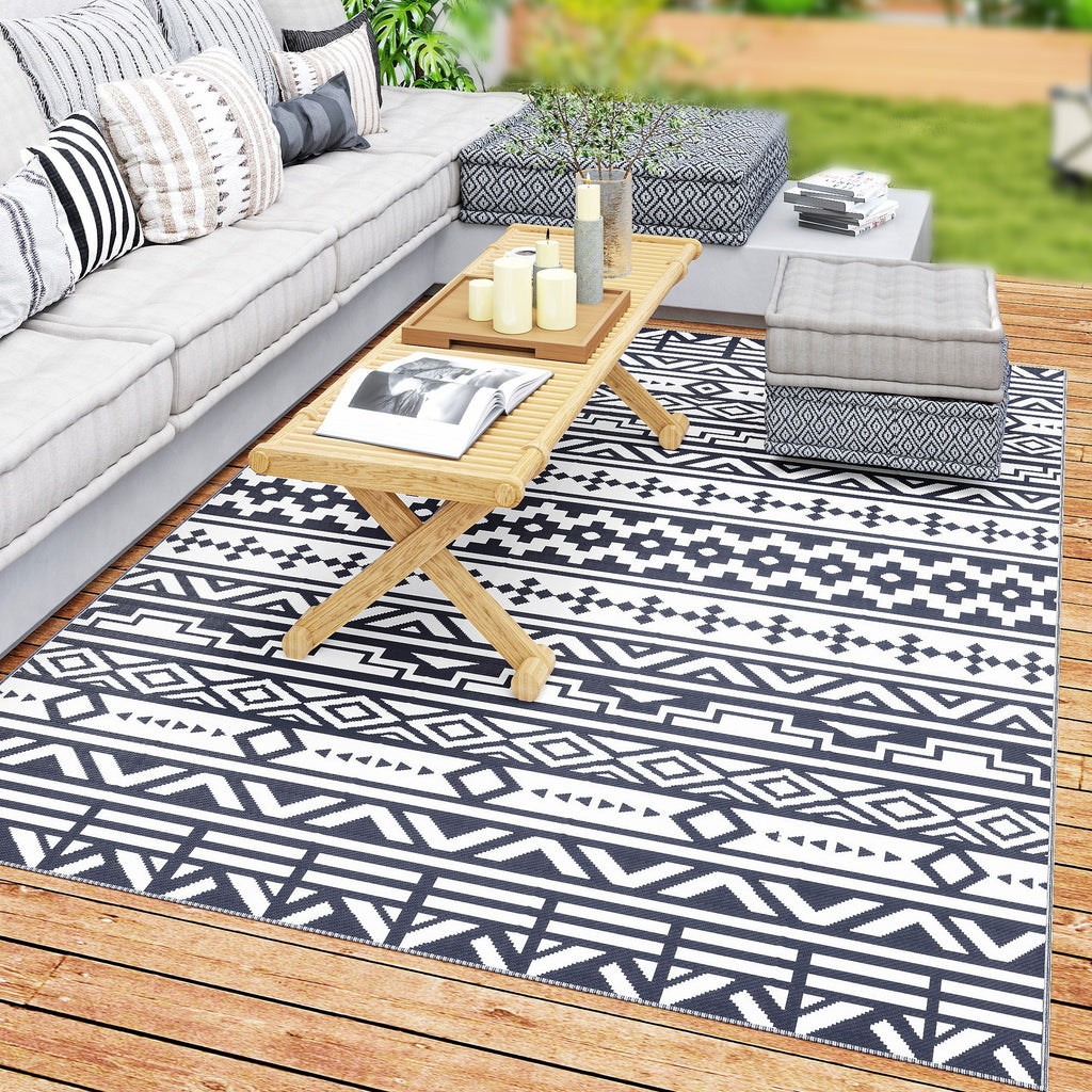 Outsunny Outdoor Patio Rug, Large Camping Carpet with Carrying Bag, 6' x 9' Waterproof Plastic Straw, Reversible, Blue & White Geometric