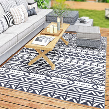 Load image into Gallery viewer, Outsunny Outdoor Patio Rug, Large Camping Carpet with Carrying Bag, 6' x 9' Waterproof Plastic Straw, Reversible, Blue &amp; White Geometric