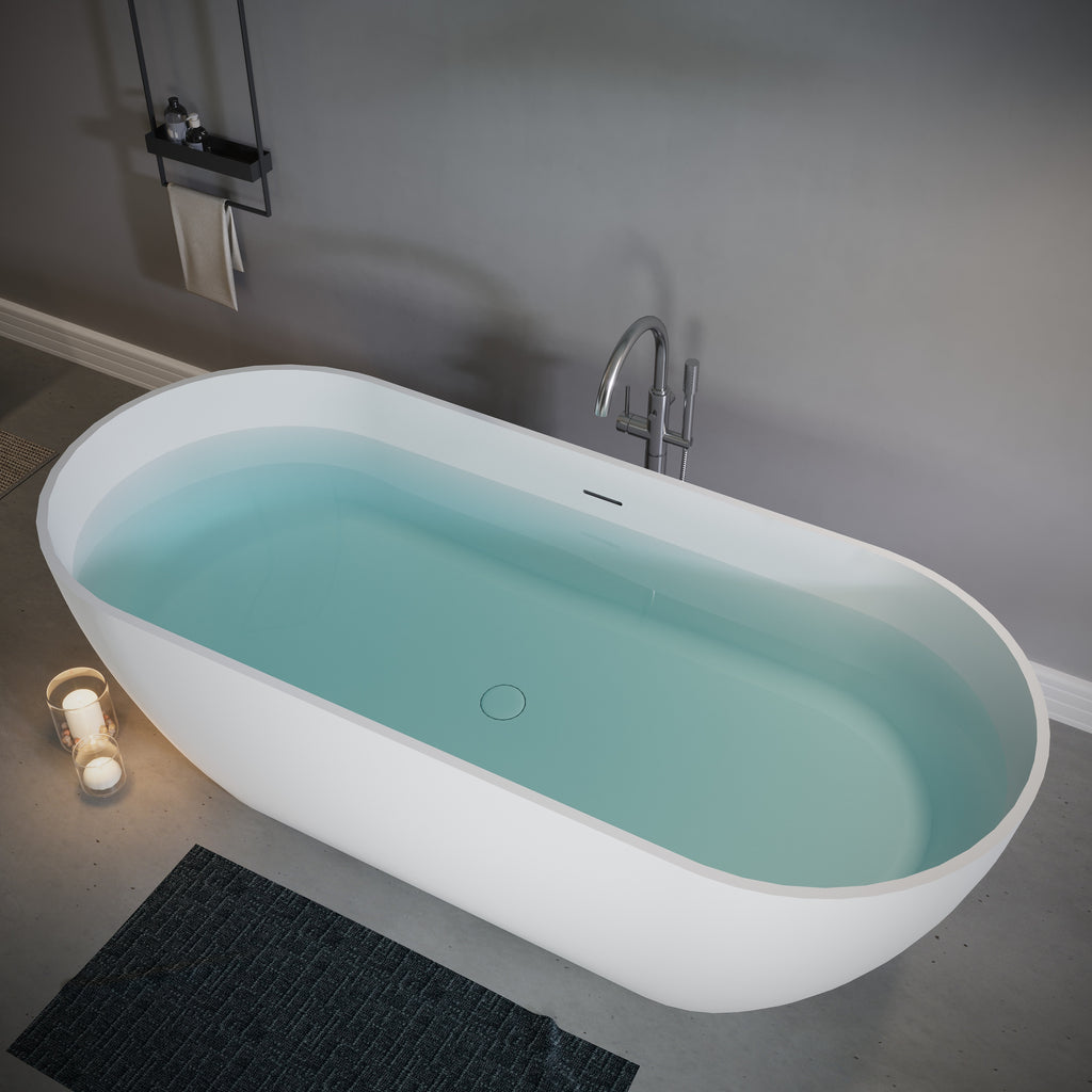 63'' Stone Resin Freestanding Bathtub, Solid Surface Luxury Soaking Tub with Integrated Slotted Overflow & Pop-up Drain, Stand Alone Elegant Bathroom Soaker Tub in Matte White, TH-25S03-63MW