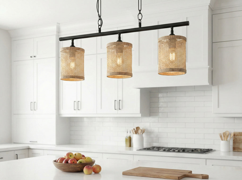 Elysian Three Lights Island With Natural Rattan Shade Farmhouse Chain Ceiling Lamp