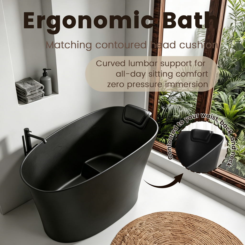 51" Solid Surface Oval Freestanding Black Bathtub with Overflow and Drain Assembly, with Integral Seat and headrest, LTL
