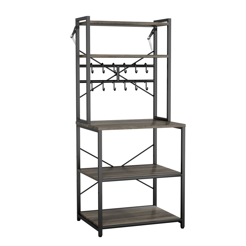 Kitchen Bakers Rack, 23.6 inch Width Bakers Rack, Kitchen Stand with X-Shaped Support Bar, 12 S-Shaped Hooks, Double-Layer Top Shelf, Coffee Bar Stand for Dishes & Bowls, Spice Bottles
