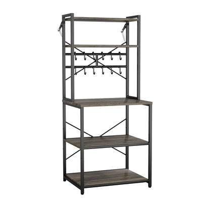 Kitchen Bakers Rack, 23.6 inch Width Bakers Rack, Kitchen Stand with X-Shaped Support Bar, 12 S-Shaped Hooks, Double-Layer Top Shelf, Coffee Bar Stand for Dishes & Bowls, Spice Bottles