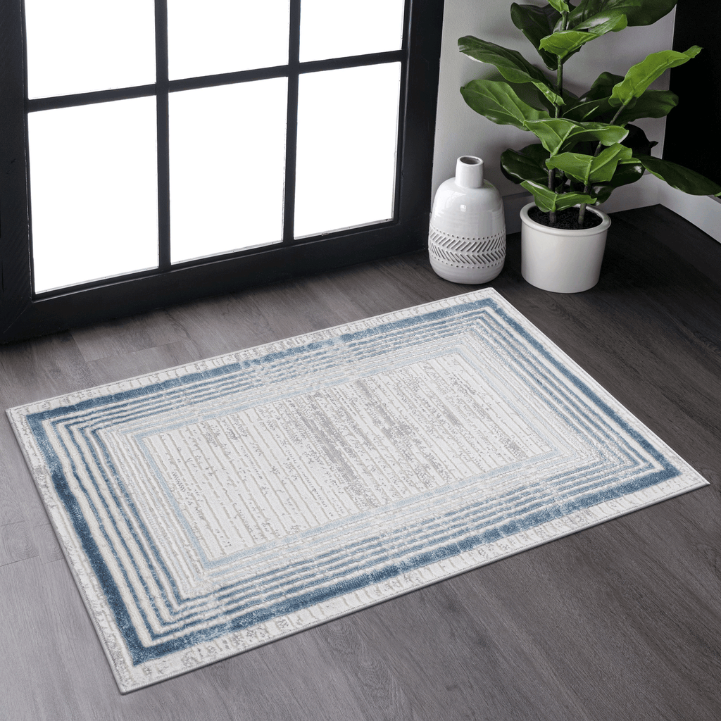 MARFI Collection 2.X3. Blue / Ivory / Bordered Doormat Rug Modern, Contemporary, Non-Shedding & Easy to Clean, Ideal for Living Room, Bedroom, Dining Space, 36*24 inch