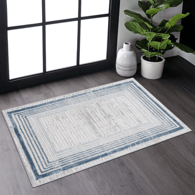 MARFI Collection 2.X3. Blue / Ivory / Bordered Doormat Rug Modern, Contemporary, Non-Shedding & Easy to Clean, Ideal for Living Room, Bedroom, Dining Space, 36*24 inch
