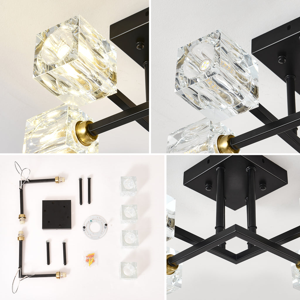 Modern Luxurious Crystal Ceiling Light, 4 Lights (BO INCLUDED Bulb) Modern Crystal Ceiling Light for Dining Room, Pendant Lamp Ceiling Lighting for Living Bedroom Hall Balcony --Matte Black