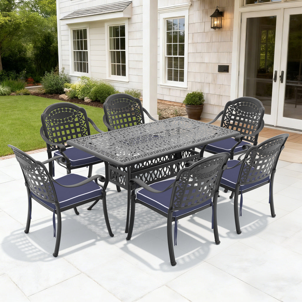 L58.27*W34.65-inch Cast Aluminum Patio Dining Table With Black Frame and Umbrella Hole (same sku: W171084481)