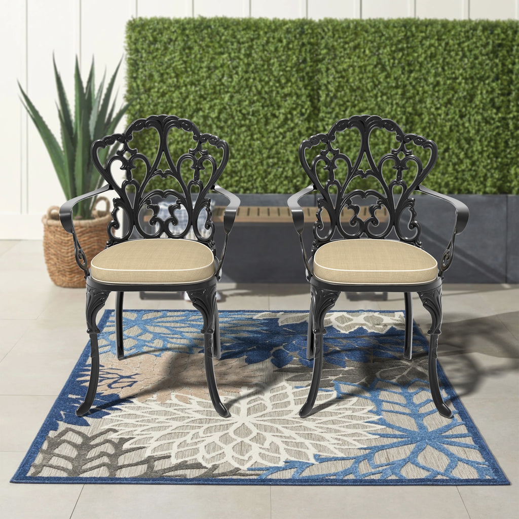 Cast Aluminum Patio Dining Chair 2PCS With Black Frame and Blue Cushions (same sku: W171091759)