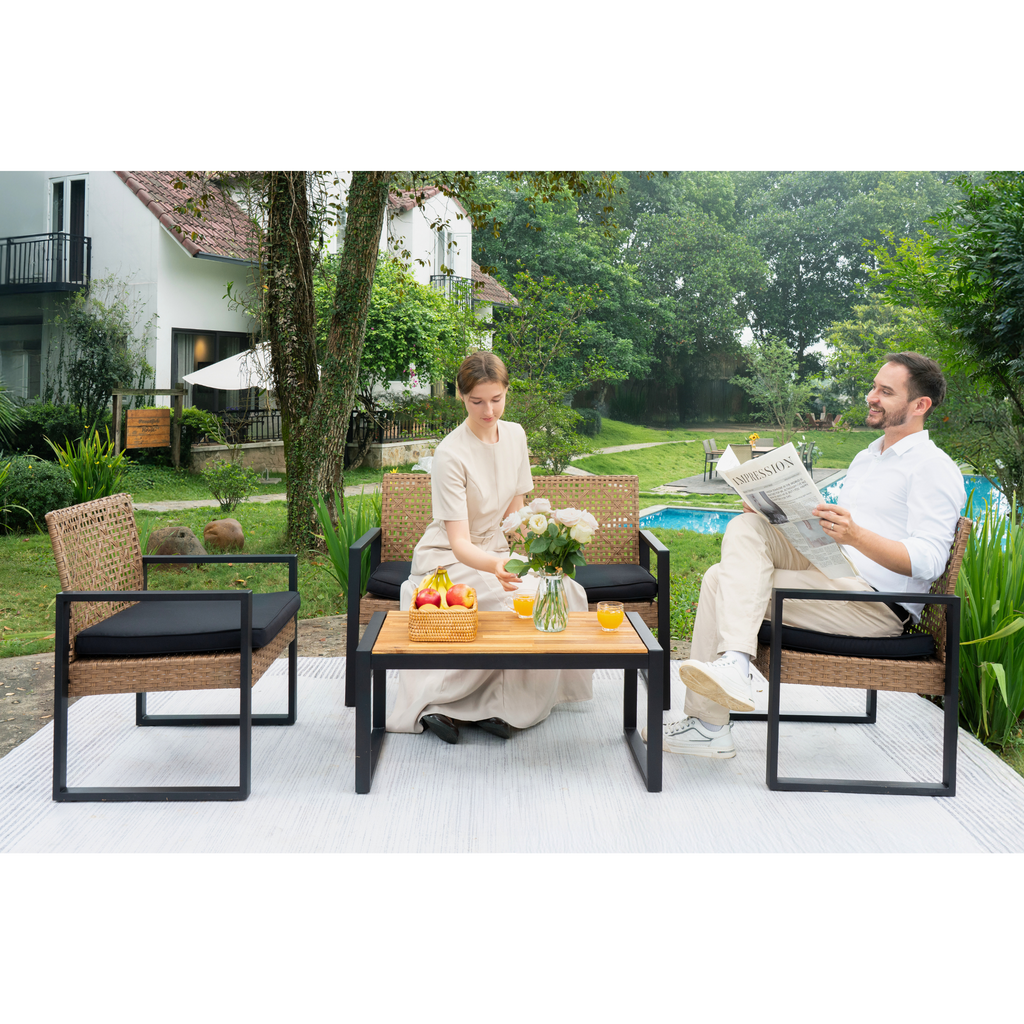 4-Piece Patio Furniture Set Outdoor Balcony Porch Garden Backyard Lawn Furniture Acacia Wood Table Top, Morden Black and Light Brown