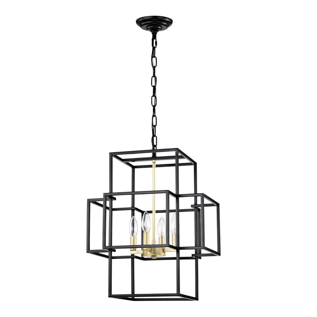 4-Light Metal Lantern Tiered Pendant Hanging Light Fixtures, Industrial Farmhouse Adjustable Height  Chandeliers for Dining Room Hallway Foyer Entryway--Matte Black & Gold (E12 Bulbs Not Included)